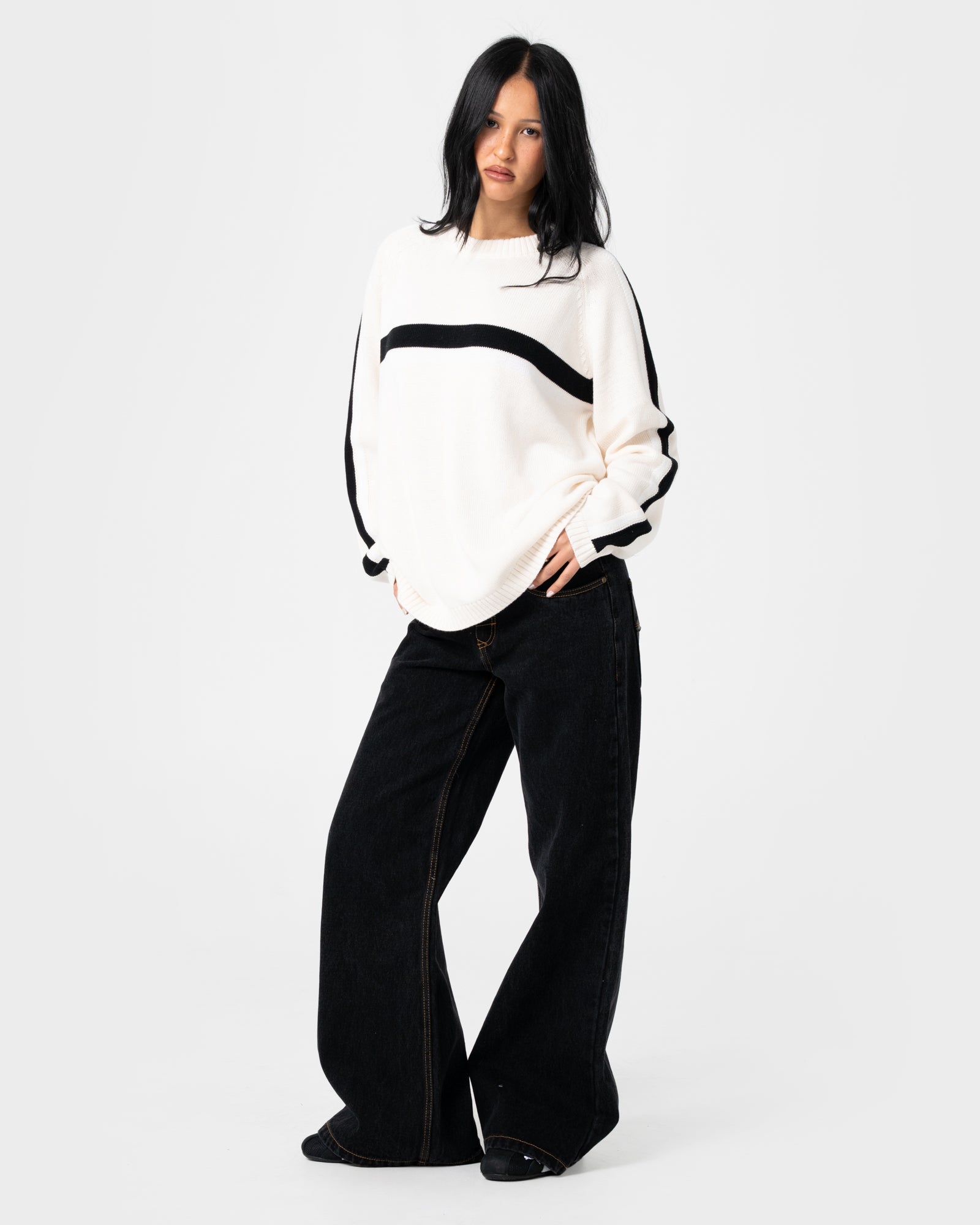 White Lines Long Sleeve Crew Knit