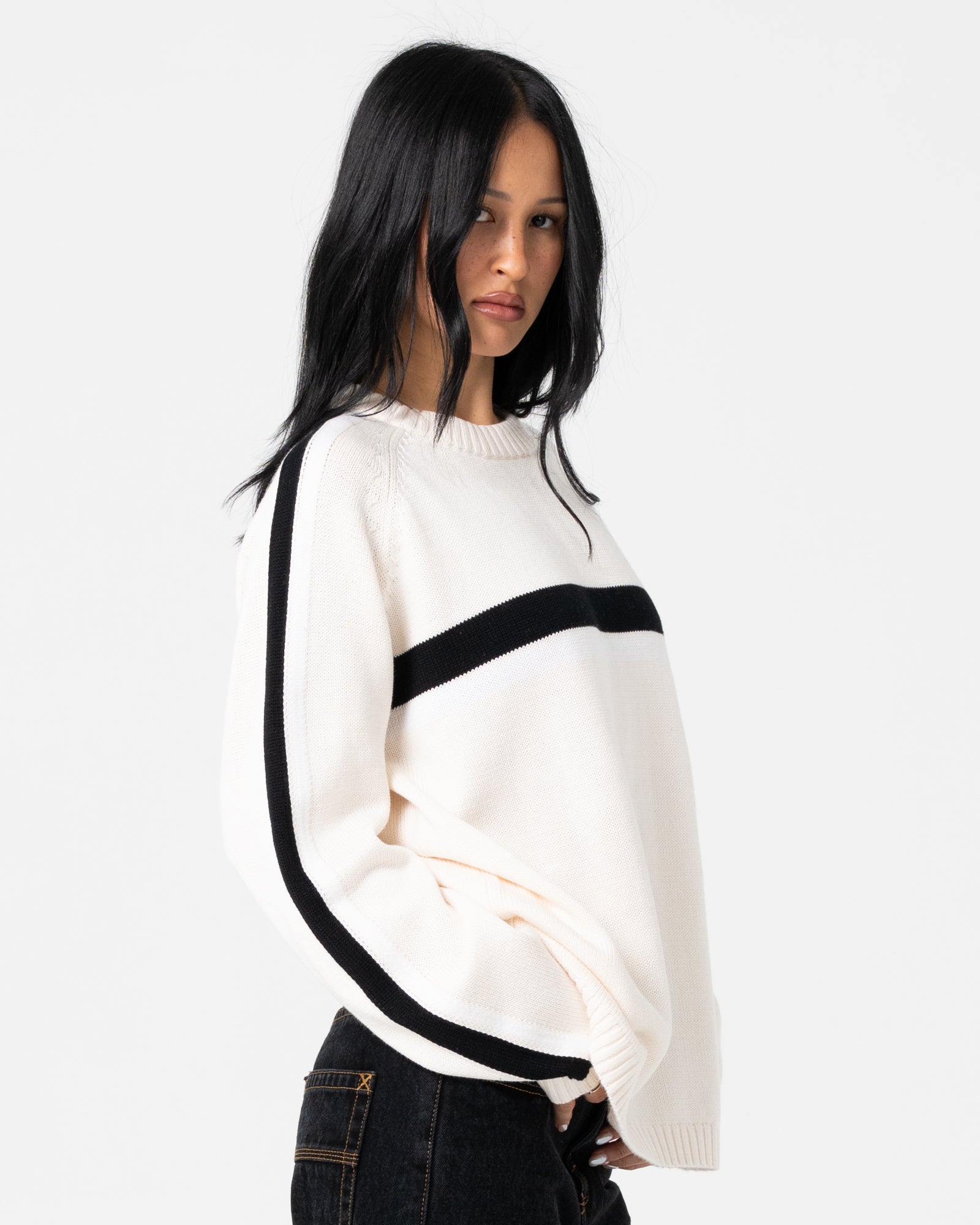 White Lines Long Sleeve Crew Knit