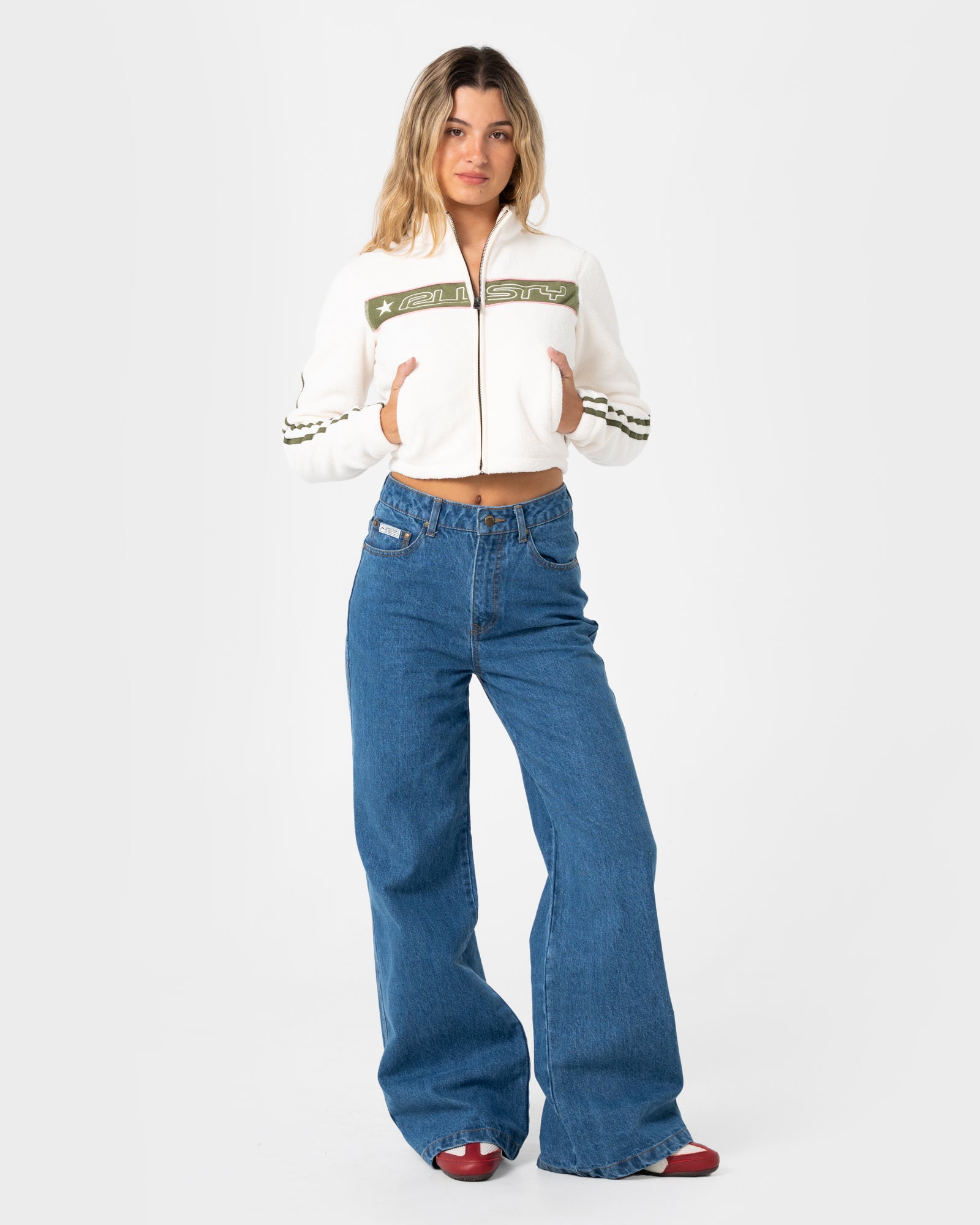 パンツ PHENOMENON Fleece-Trimmed Zip Denim Freeway Crop Zip Through Polar Fleece