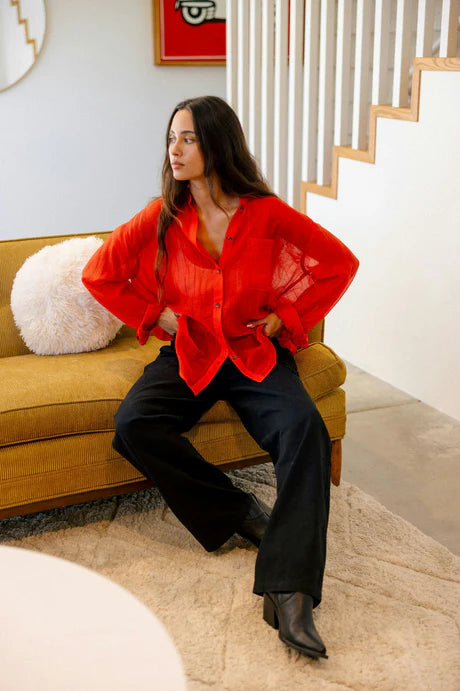 East Side Boxy Long Sleeve Buttondown Red